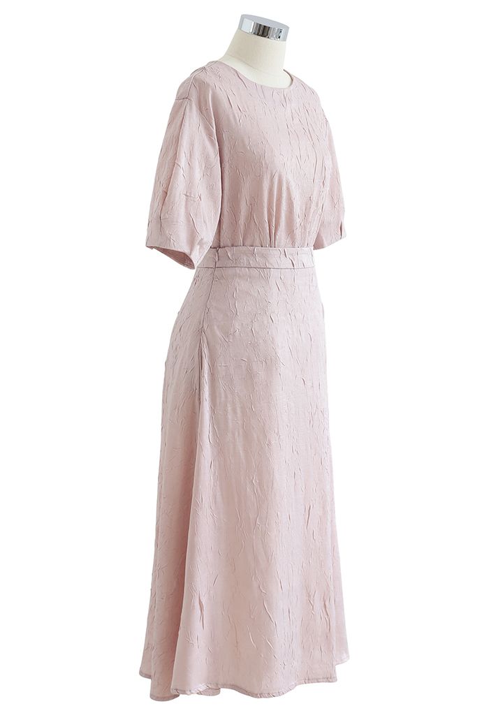 Full of Pleat Short Sleeve Top and Flare Skirt Set in Light Pink