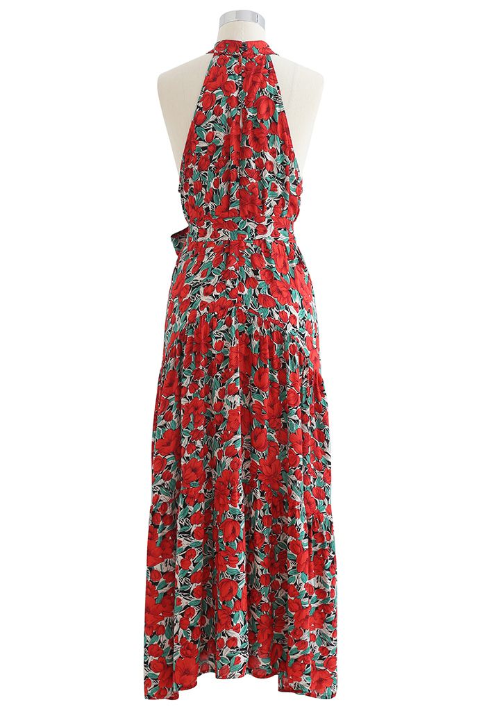 Red Floral Halter Neck Sleeveless Dress - Retro, Indie and Unique Fashion