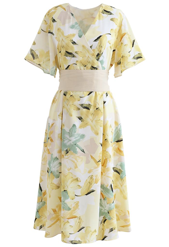 Lily Print Flare Sleeve Belted Midi Dress in Yellow