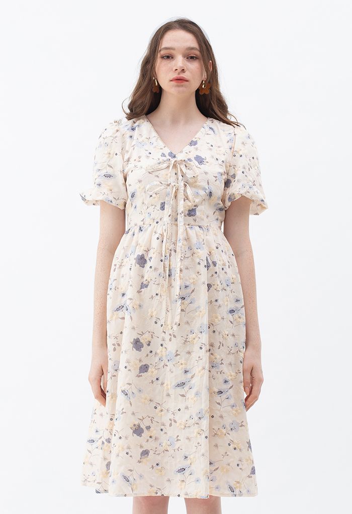 Crystal Edge Bubble Sleeve Embroidered Floral Dress in Blue - Retro ...