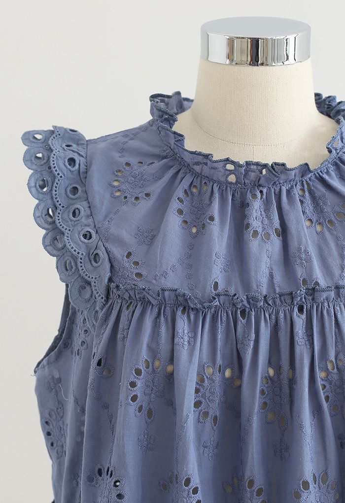 Eyelet Embroidered Flared Sleeveless Top in Blue - Retro, Indie and ...
