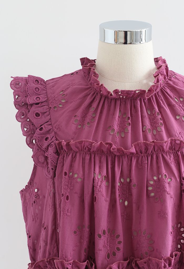 Eyelet Embroidered Flared Sleeveless Top in Plum