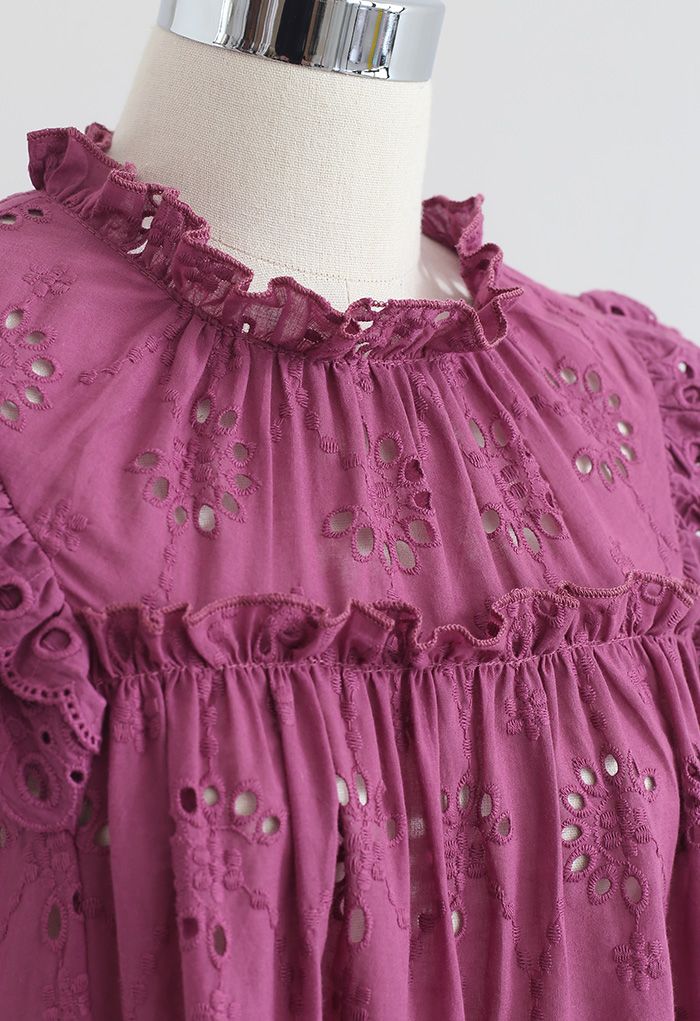 Eyelet Embroidered Flared Sleeveless Top in Plum