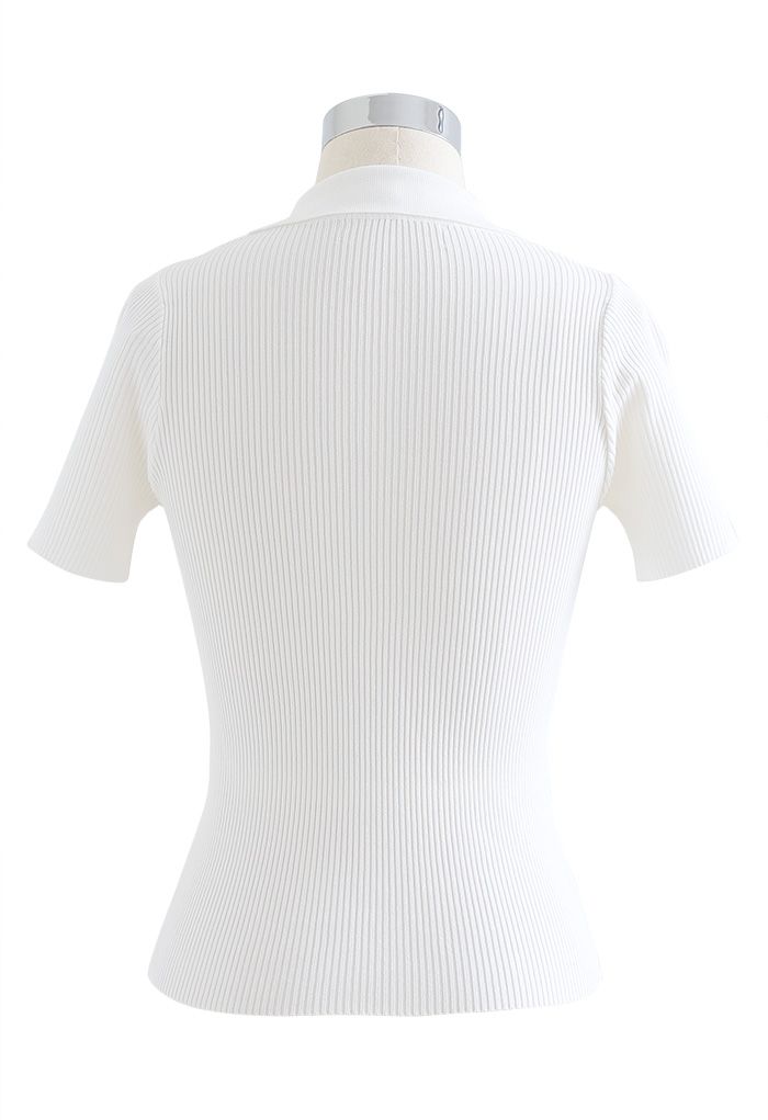Triple Buttons Short Sleeve Fitted Knit Top in White