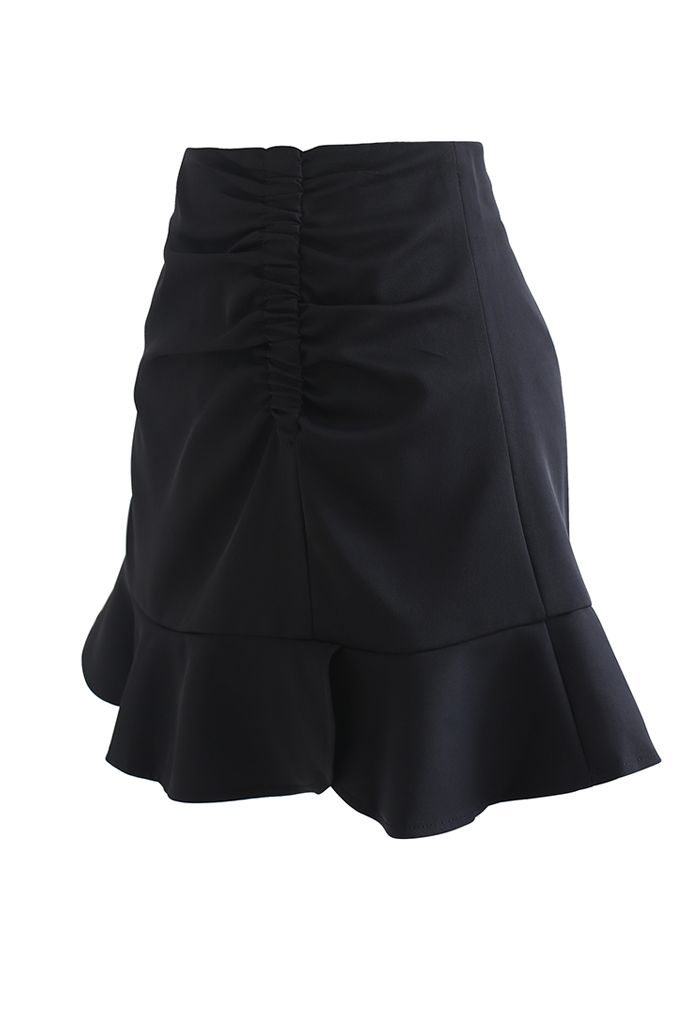 Frill Hem Ruched Front Mini Skirt in Black - Retro, Indie and Unique ...