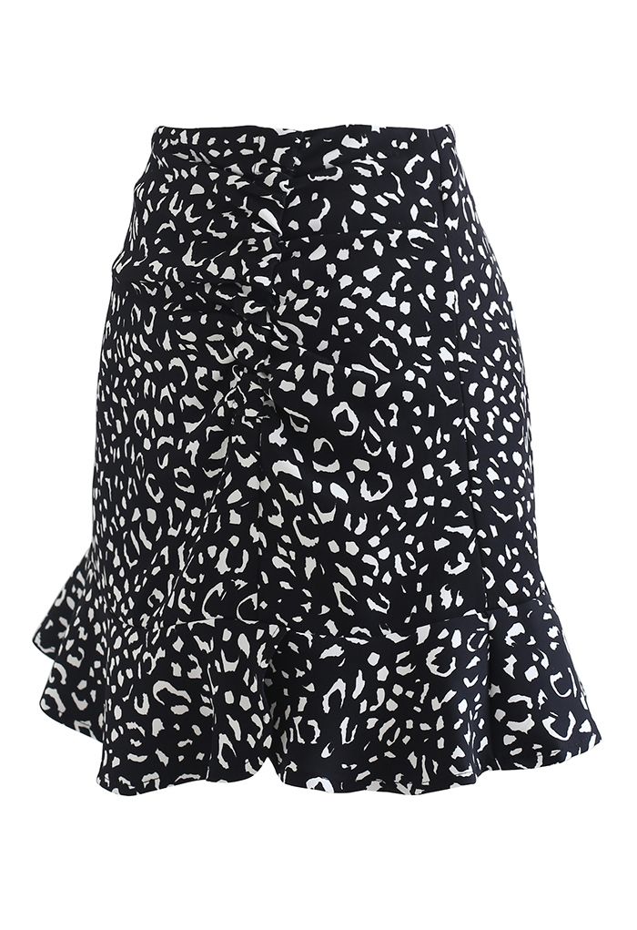 Leopard Frill Hem Ruched Front Mini Skirt in Black