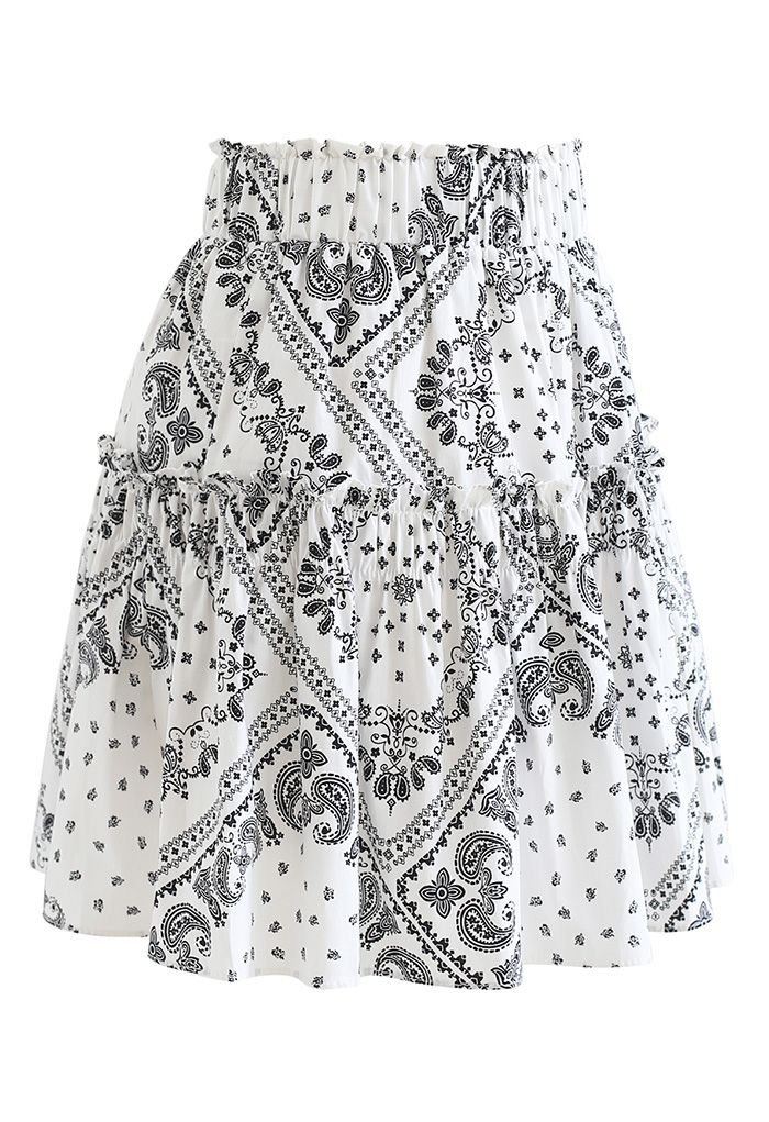 Paisley Frill Hem Mini Skirt in White - Retro, Indie and Unique Fashion