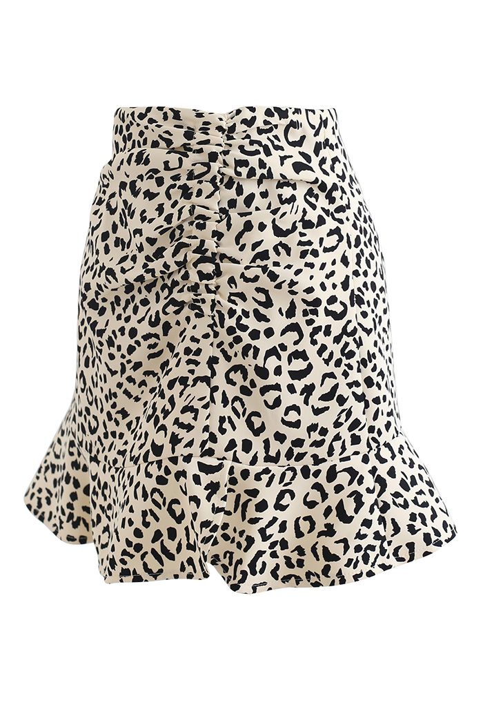 Leopard Frill Hem Ruched Front Mini Skirt in Cream