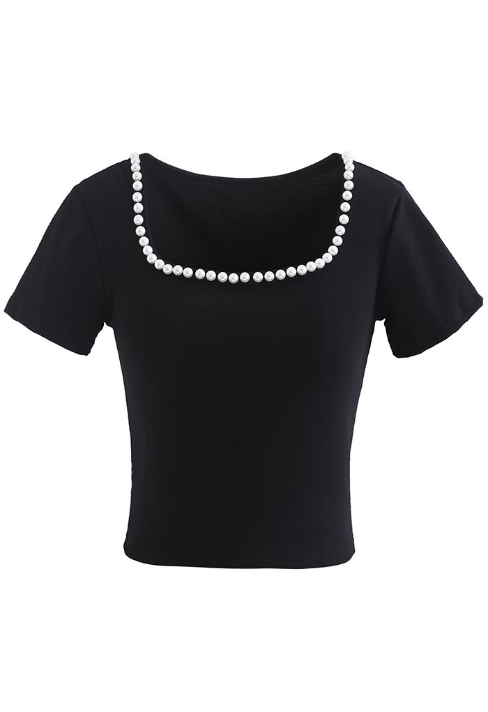 Pearls Decorated Fitted Crop Top in Black