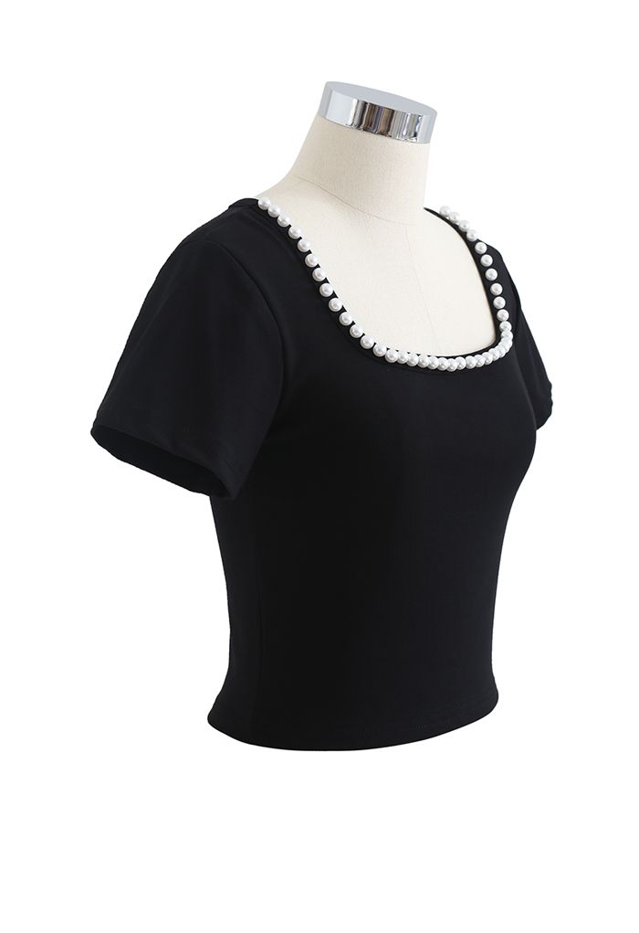 Pearls Decorated Fitted Crop Top in Black