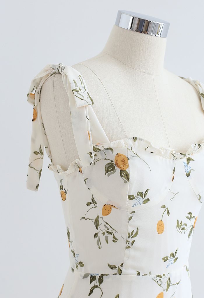 Cutie Lemon Branch Printed Tie-Strap Mini Dress
