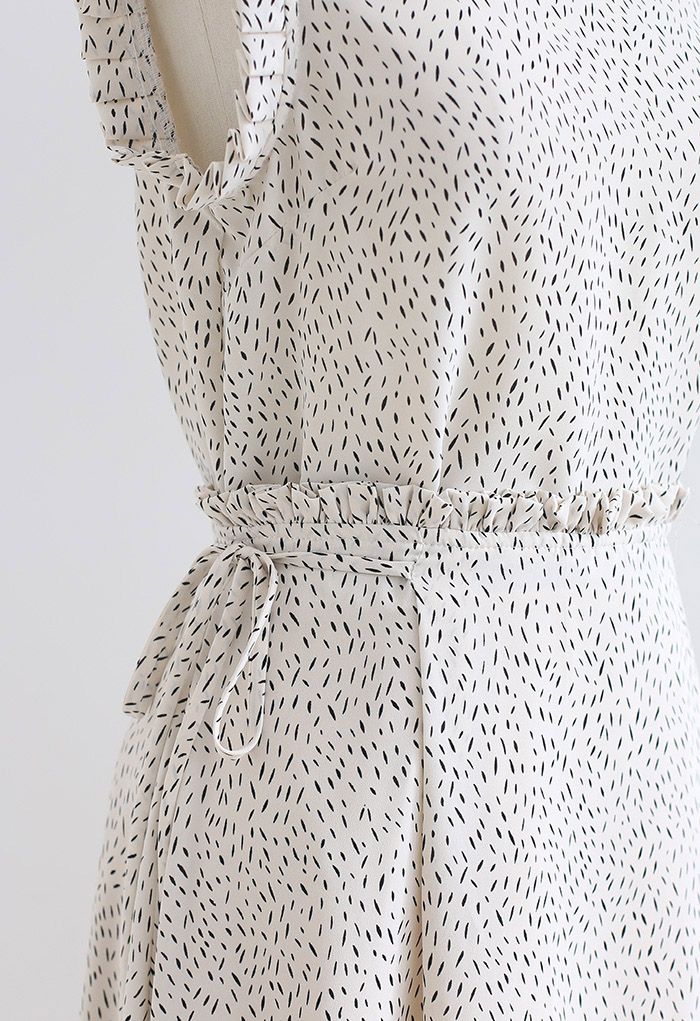 Ruffle Detailing Dotted Sleeveless Top and Flare Skirt Set in Ivory