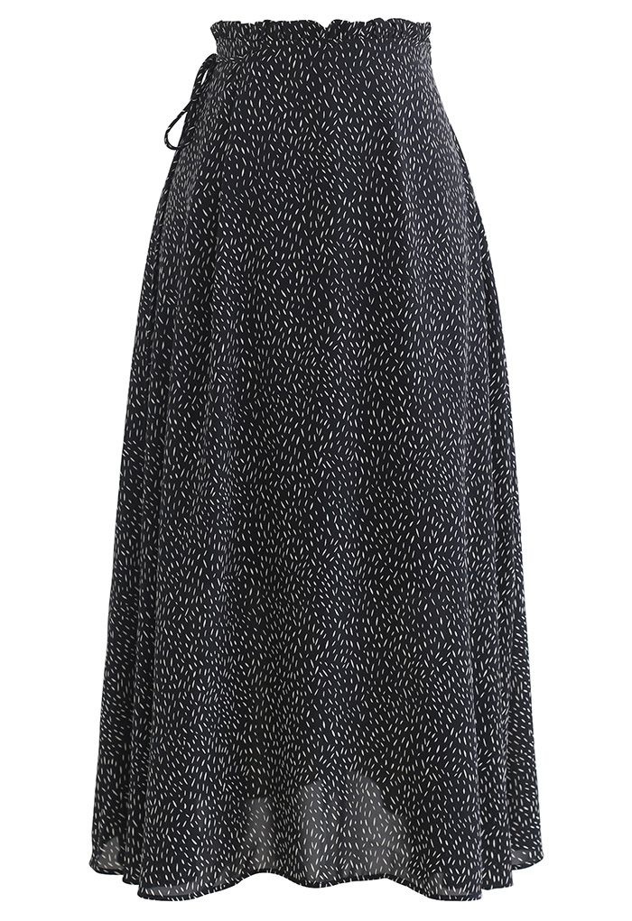 Ruffle Detailing Dotted Sleeveless Top and Flare Skirt Set in Black