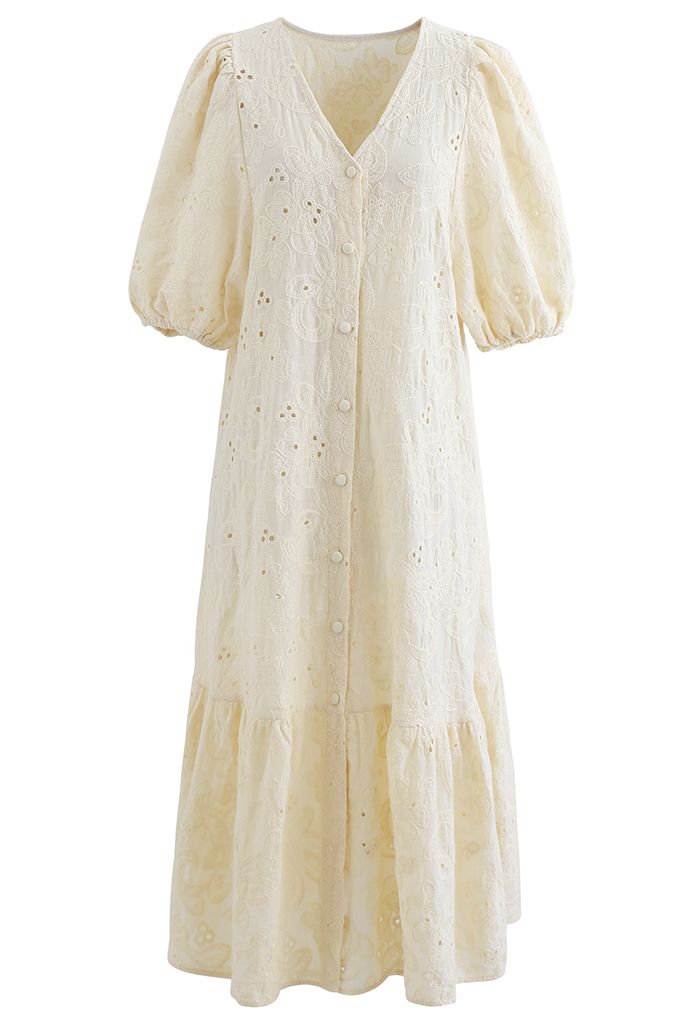 Button Down Bubble Sleeve Embroidered Dolly Dress in Light Yellow ...