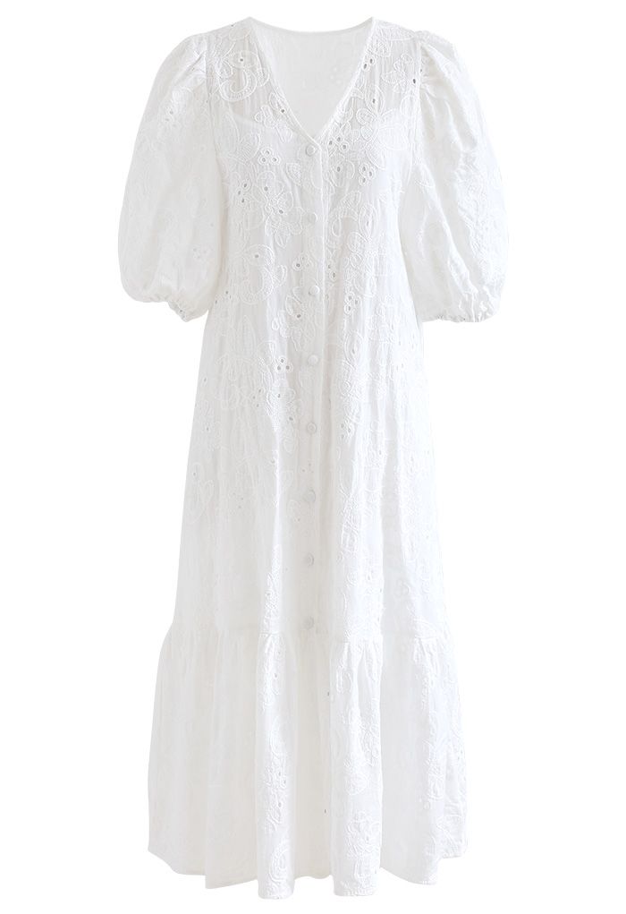 Button Down Bubble Sleeve Embroidered Dolly Dress in White - Retro ...
