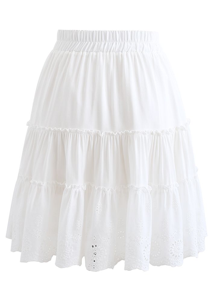 Broderie Anglaise Frill Hem Mini Skirt in White