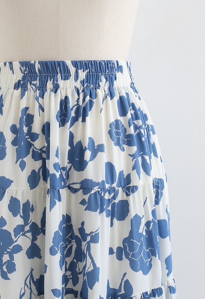 Flowery Sketch Frilling Maxi Skirt in Blue - Retro, Indie and Unique ...