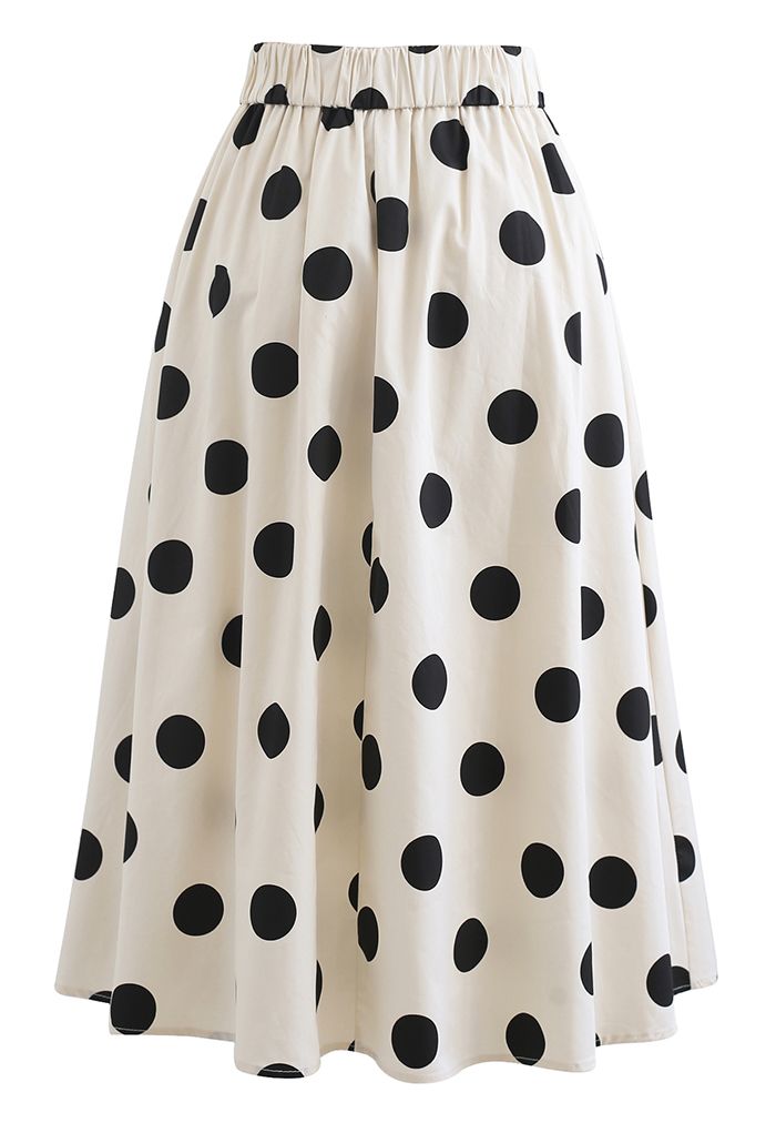 Polka Dot Print A-Line Midi Skirt in Cream - Retro, Indie and Unique ...