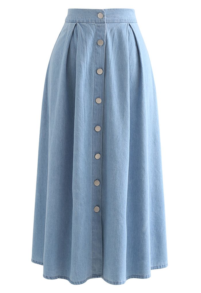 Button Front Cotton A-Line Midi Skirt in Denim - Retro, Indie and ...