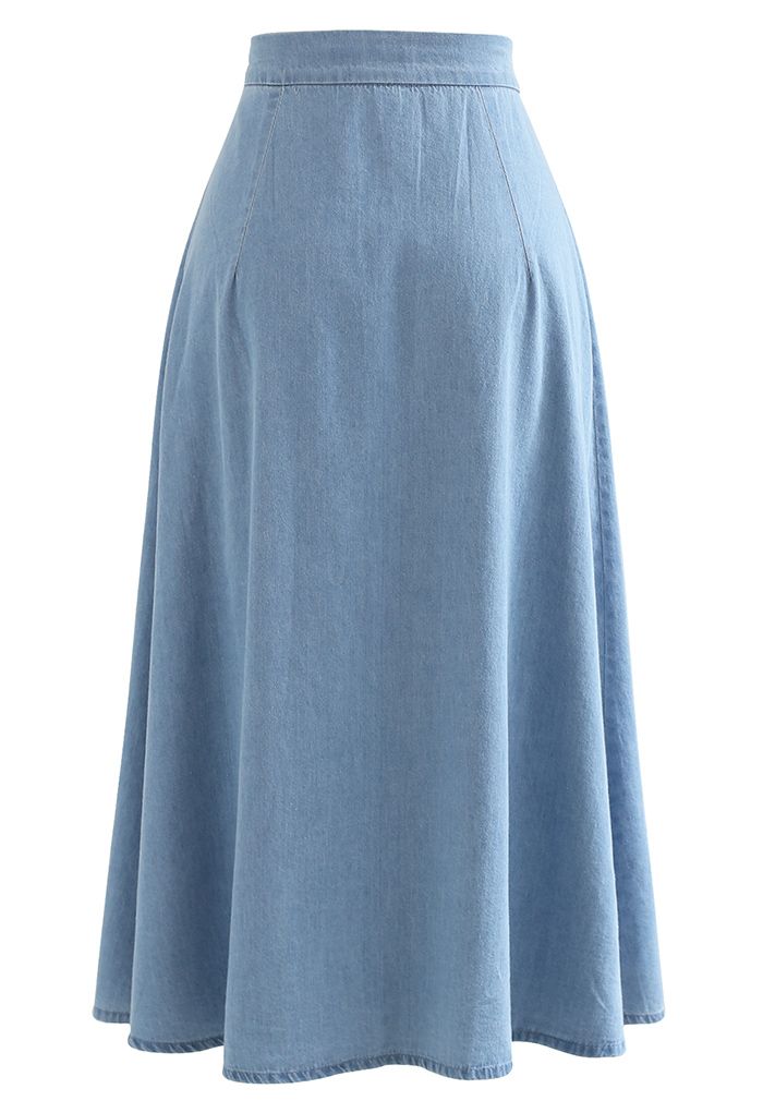 Button Front Cotton A-Line Midi Skirt in Denim - Retro, Indie and ...