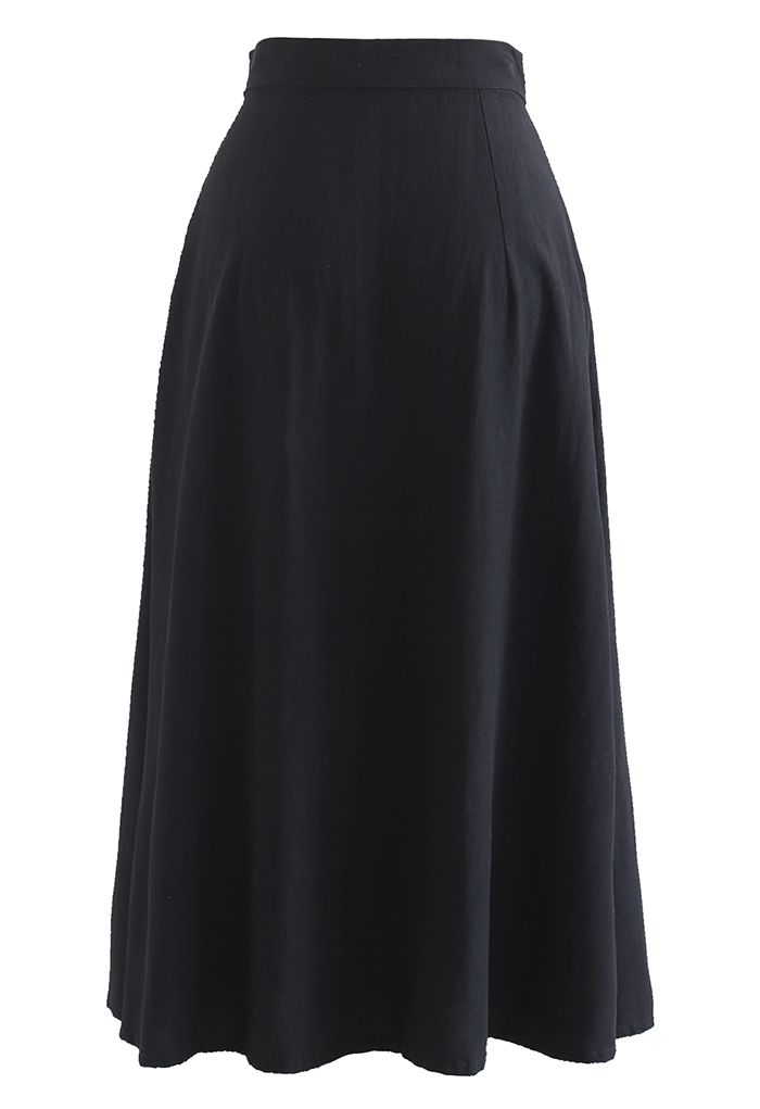 Button Front Cotton A-Line Midi Skirt in Black - Retro, Indie and ...