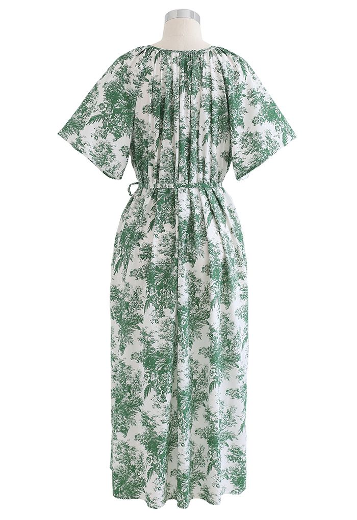 Flare Sleeve Floral Print Dolly Dress in Green