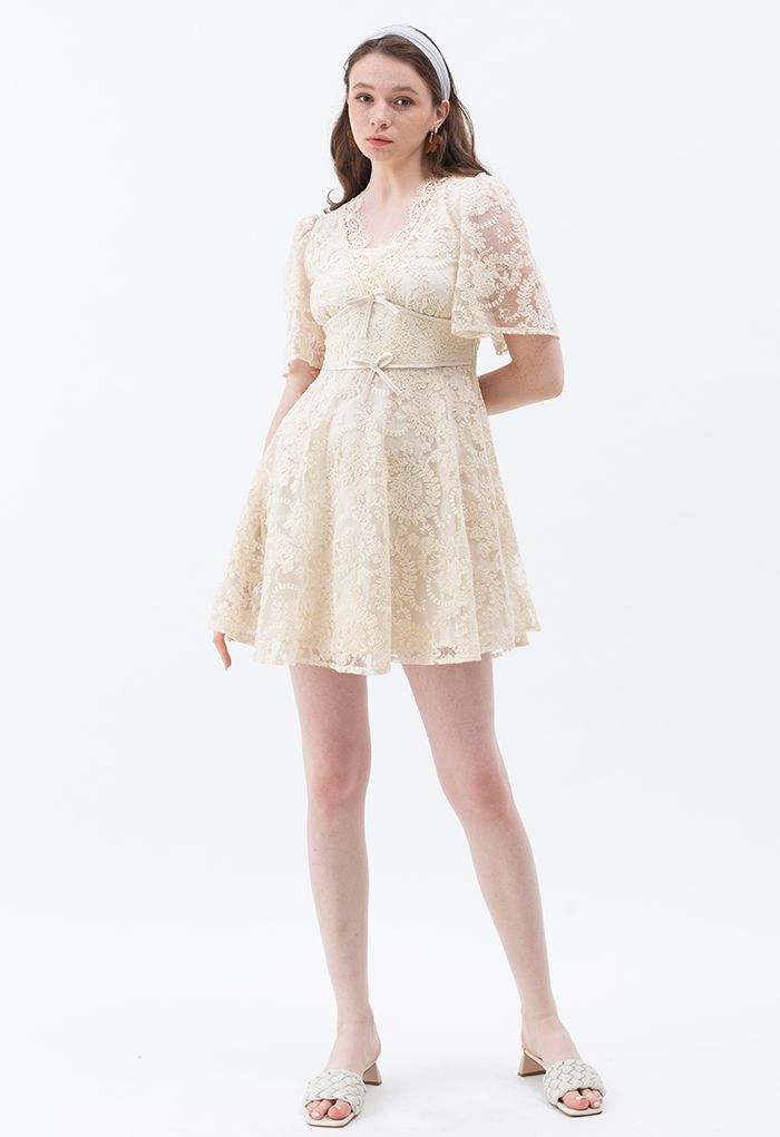 Delicate Floral Embroidered Flare Sleeve Mesh Dress