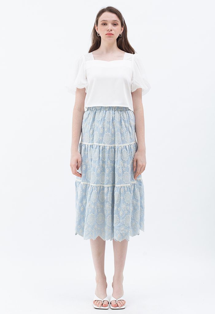 Embroidered Flower Scalloped Skirt in Light Blue - Retro, Indie and ...