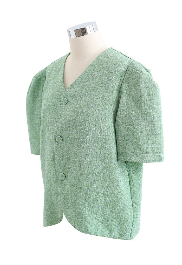 Collarless Button Down Textured Blazer in Green