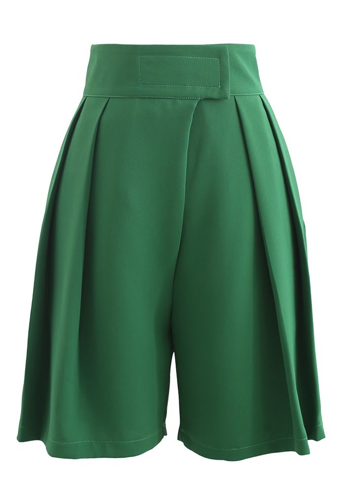 High-Rise Tab Waist Tailored Shorts in Green