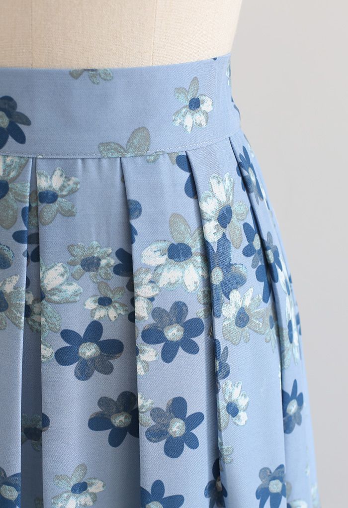 Falling Flowers Pleated Midi Skirt in Wash Blue - Retro, Indie and ...