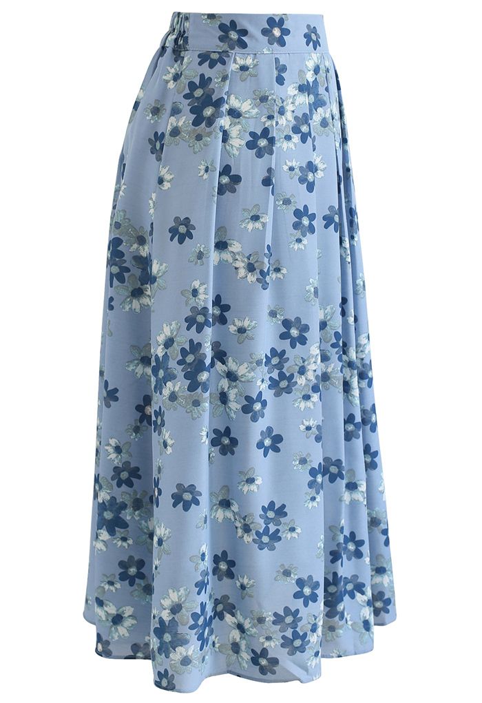 Falling Flowers Pleated Midi Skirt in Wash Blue - Retro, Indie and ...