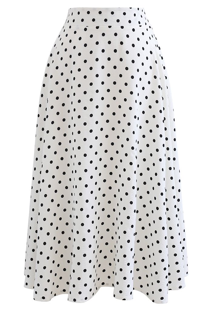 Dots Print Texture Line Flare Skirt in White