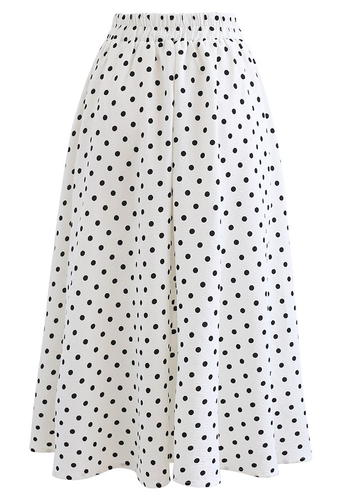 Dots Print Texture Line Flare Skirt in White