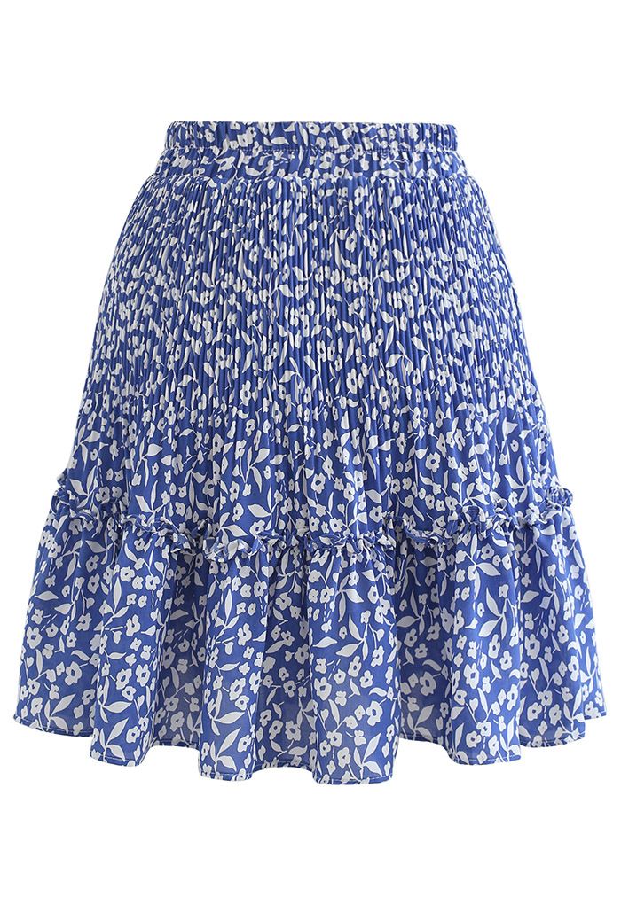 Floret Print Ruffle Detailing Mini Skirt in Blue - Retro, Indie and ...