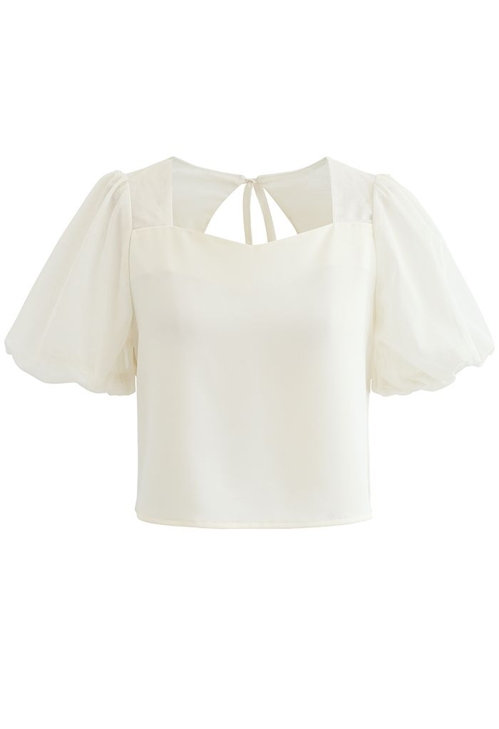 Tie-Back Cutout Bubble Sleeve Crop Top in Cream - Retro, Indie and ...