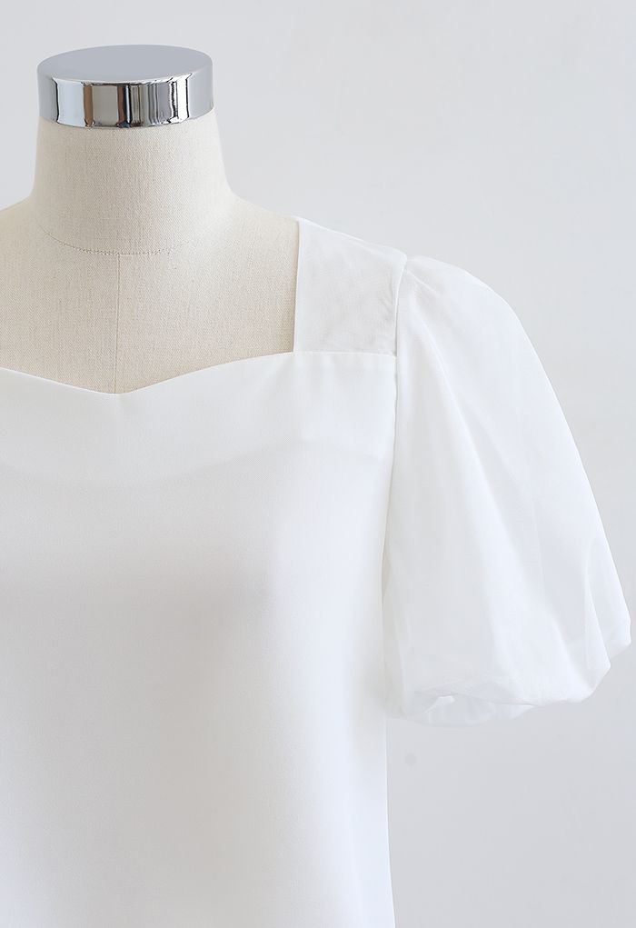 Tie-Back Cutout Bubble Sleeve Crop Top in White