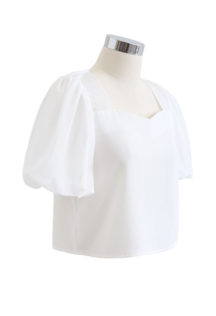 Tie-Back Cutout Bubble Sleeve Crop Top in White