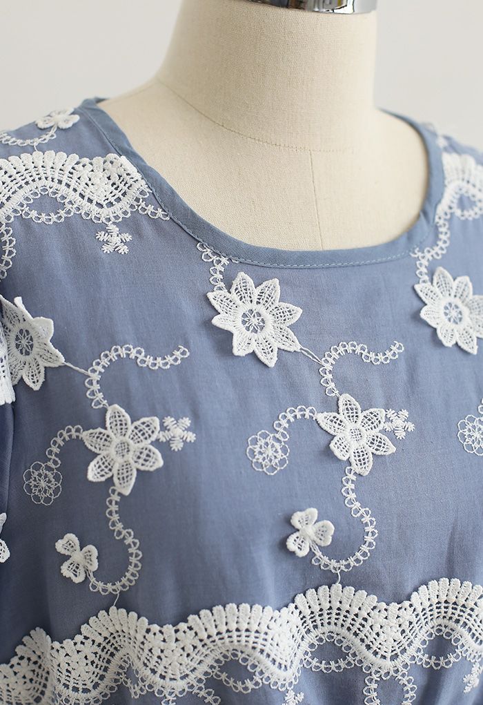 3D Flowery Scallop Crochet Peplum Top in Blue - Retro, Indie and Unique ...