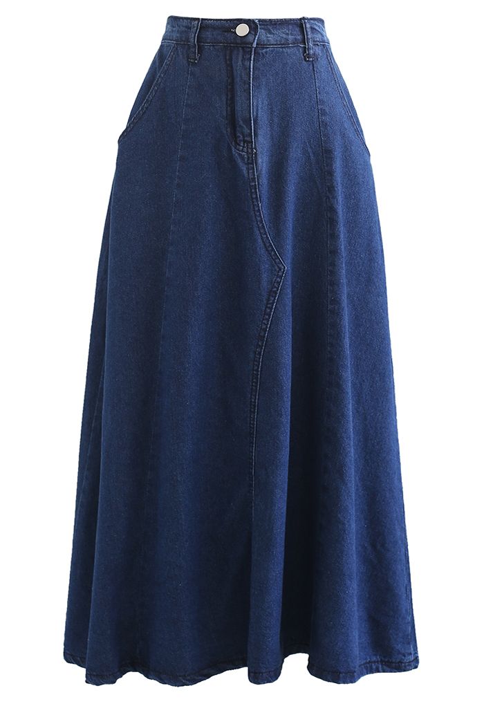 Side Pocket A-Line Denim Midi Skirt in Navy - Retro, Indie and Unique ...