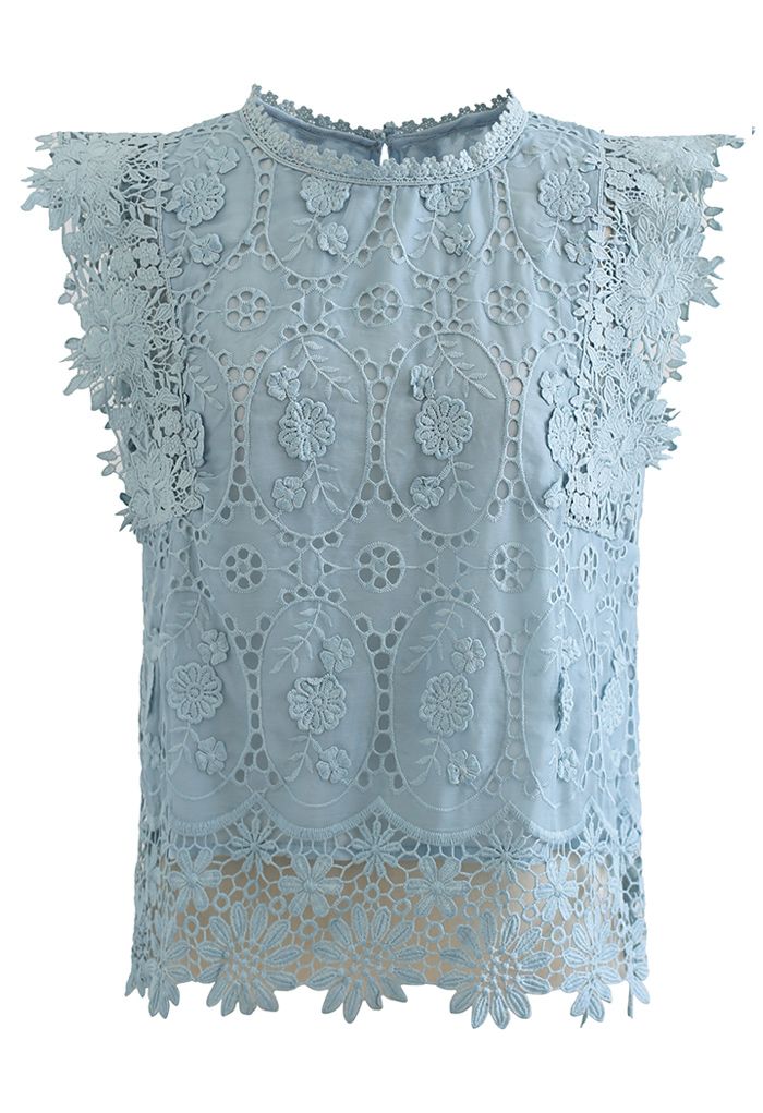 Full Embroidered Cochet Sheer Sleeveless Top in Blue
