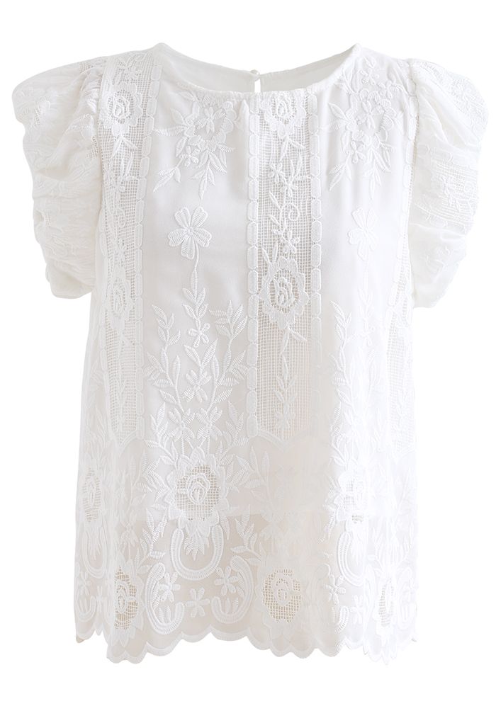 Embroidered Floral Short Sleeve Top in White