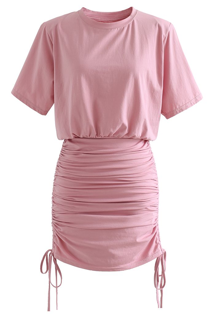 Pad Shoulder Crop Top and Drawstring Skirt Set in Pink