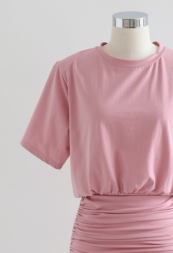 Pad Shoulder Crop Top and Drawstring Skirt Set in Pink