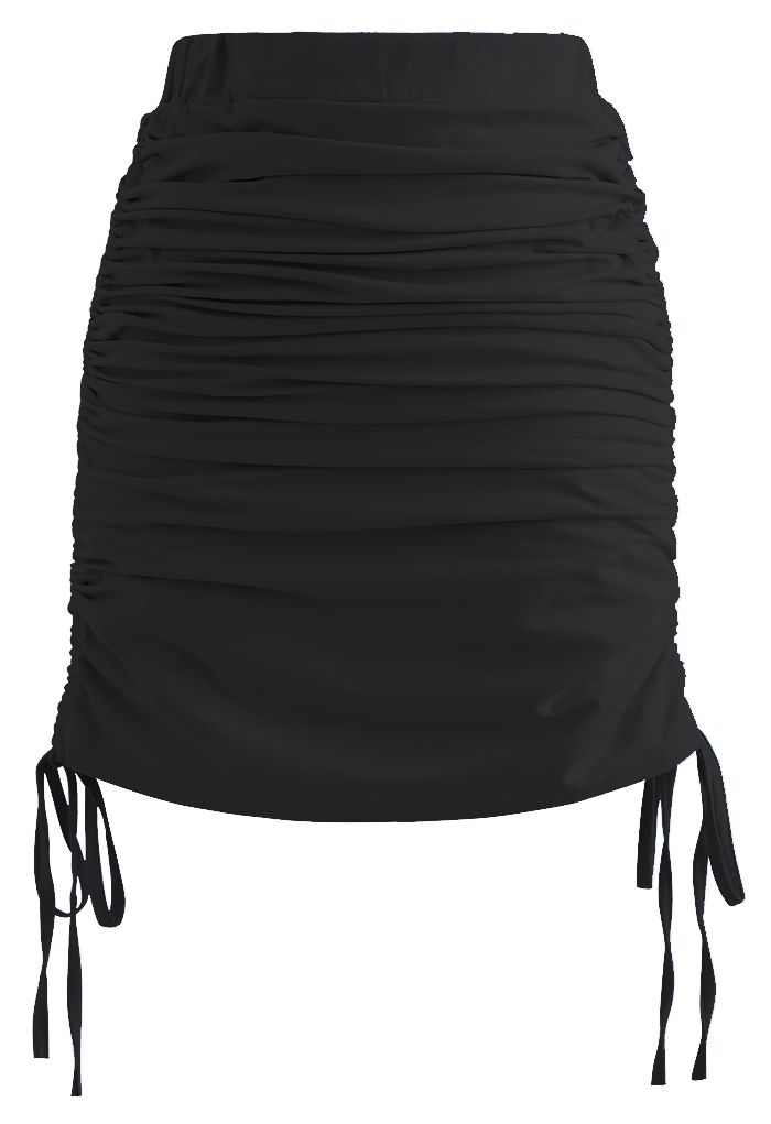 Pad Shoulder Crop Top and Drawstring Skirt Set in Black
