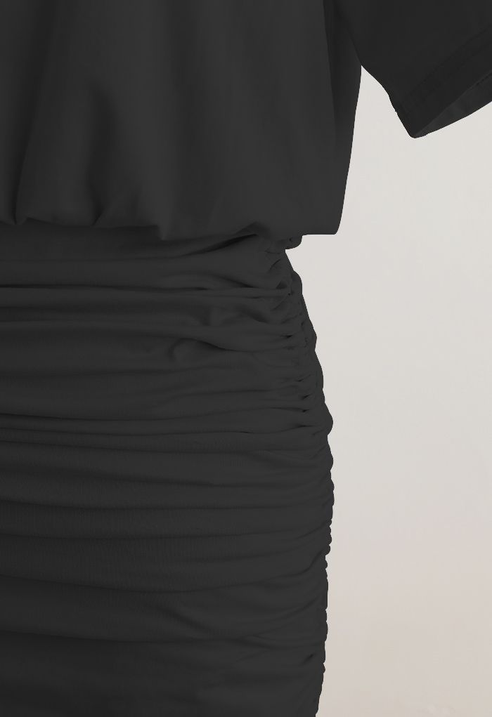 Pad Shoulder Crop Top and Drawstring Skirt Set in Black