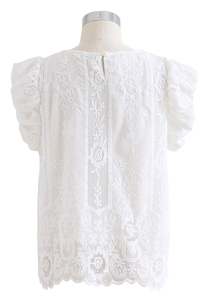 Embroidered Floral Short Sleeve Top in White