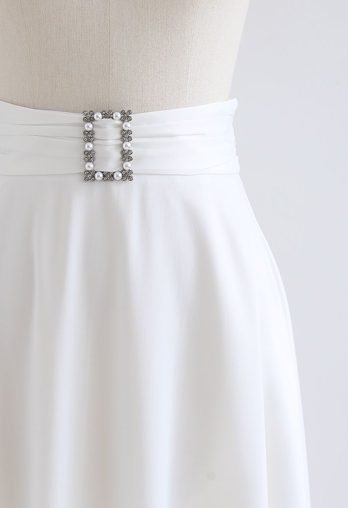Brooch Detail Satin A-line Midi Skirt in White