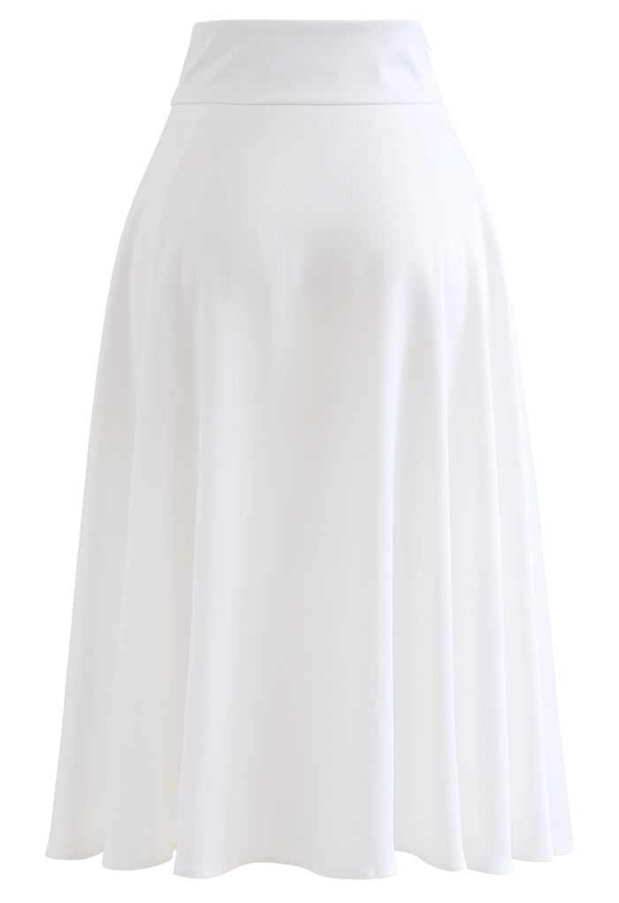 Brooch Detail Satin A-line Midi Skirt in White