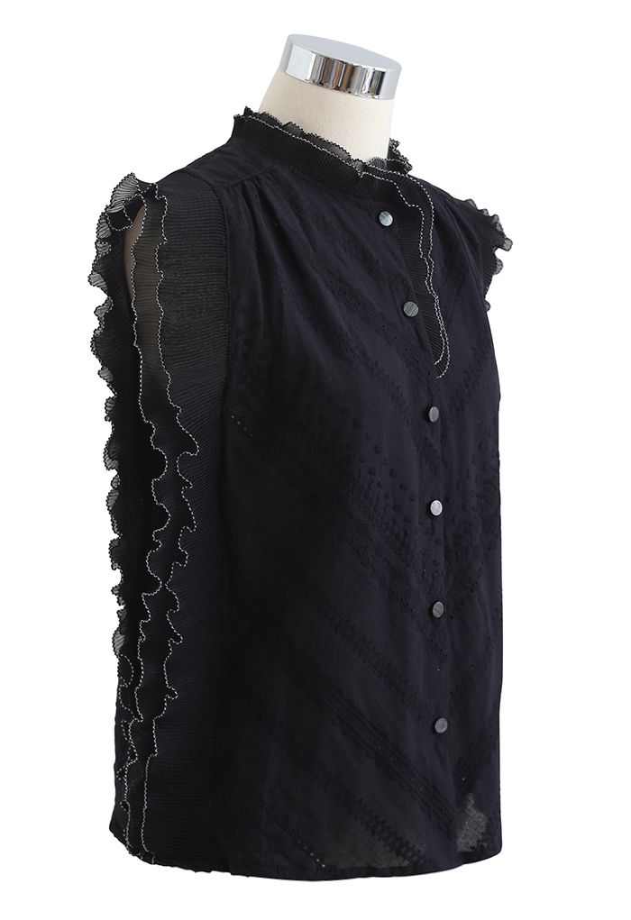 Contrast Edge Button Down Sleeveless Top in Black - Retro, Indie and ...